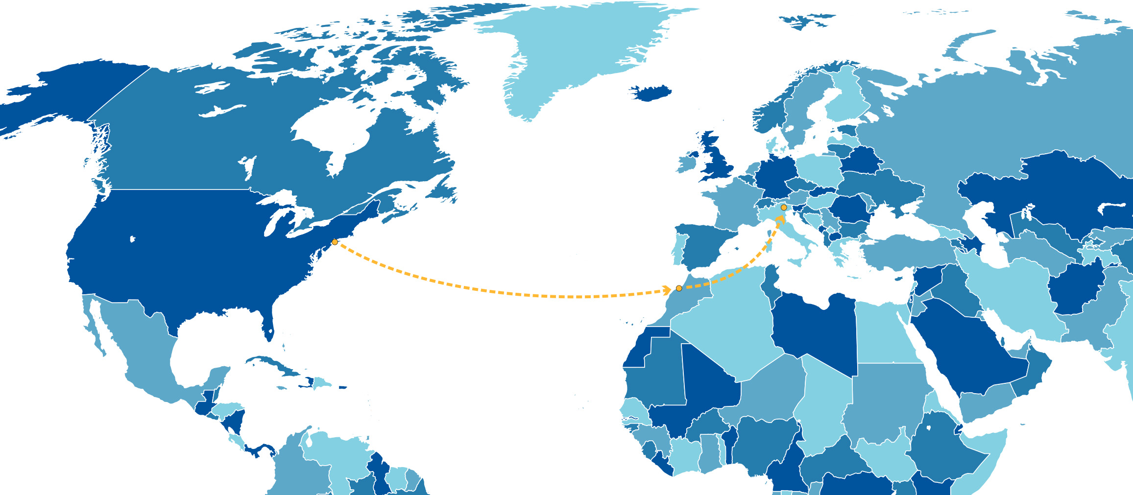 Word map with dotted line from Brooklyn, New York to Casablanca, Morocco to Pisa, Italy.